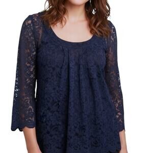 Diane Von Furstenberg‎ Navy Blue Lace Blouse Women's Sz 6 Scallop Hem 3/4 Sleeve